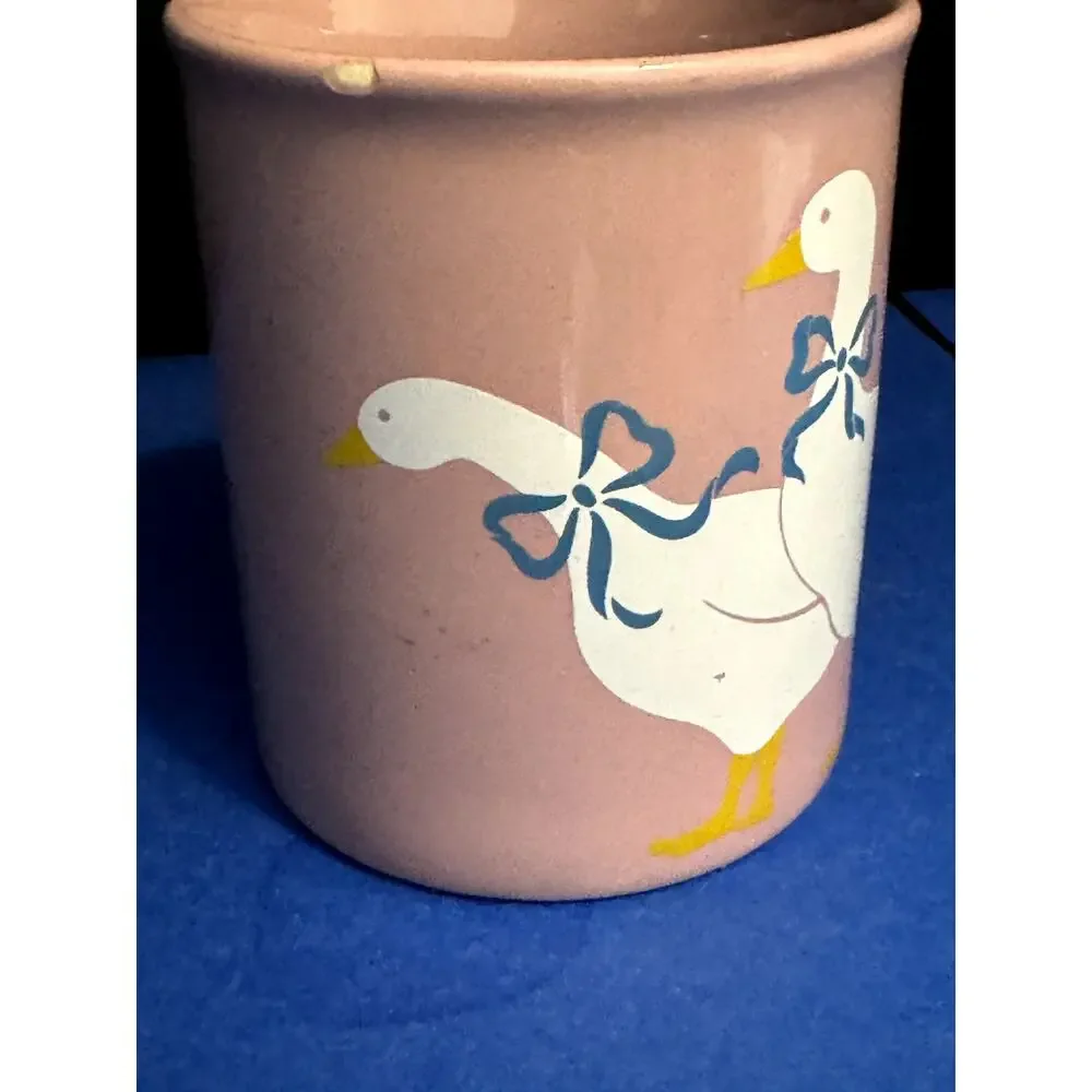 Vintage 1980s Geese with Blue Ribbons Pink Coffee Mug Made in England